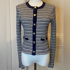 J. Crew Navy and White Striped Cardigan Sweater Brushed Gold Buttons Size Small